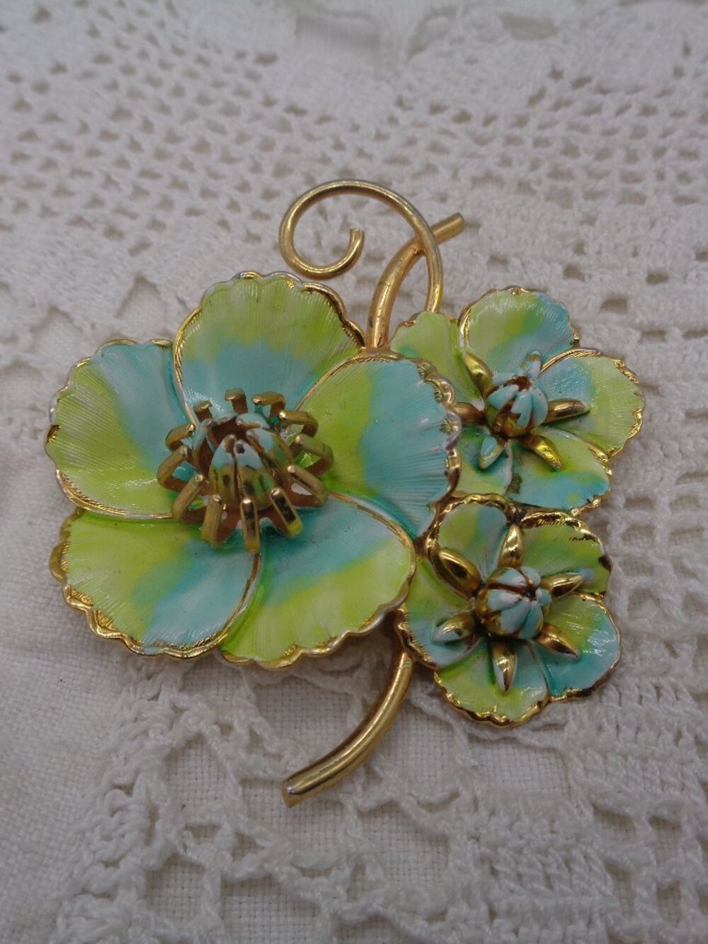 Vintage BOTTICELLI Blue & Green ENAMEL FLOWER BROOCH
